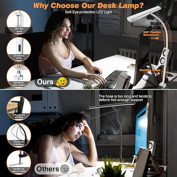 Airlonv LED Desk Lamp for Office Home, Eye-Caring Desk Light with Stepless Dimming Adjustable Flexible Gooseneck, 10W USB Adapter Desk Lamp with Clamp for Reading, Study, Workbench (White)