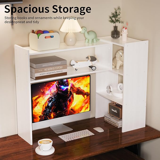 Aetheris Desktop Bookshelf, 43”Adjustable Office Desktop Organizer Shelf, Countertop Storage Hutch with 4 Shelves for Computer Desk, Adjustable Desk Hutch, Wooden Desktop Bookcase for Dorm Office Home