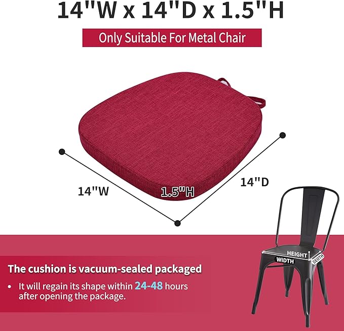 baibu 14x14 Memory Foam Metal Chair Cushions Set of 4, Dual-Layer Design Non-Slip Metal Dining Chair Pads Kitchen Seat Cushion with Machine Washable Cover, 4 Counts, Red