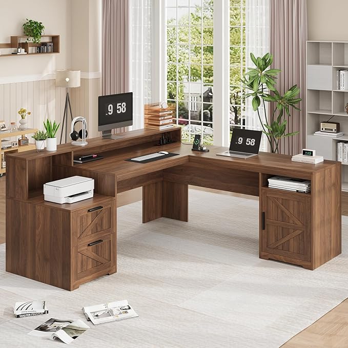 YOMILUVE 63" Farmhouse L Shaped Executive Desk with Drawers & Storage Shelf, Corner Computer Desk with Power Outlets, L Shaped Office Desk with Monitor Stand, Printer Shelf, Brown