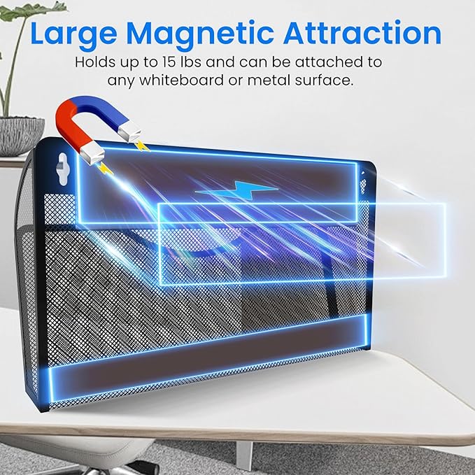6 Pack Magnetic File Holder, Magnetic Pocket Wall File Holder, Mesh Wall Paper Organizer, Vertical Mail Basket, Storage Organization Magazine Rack for Office, Home and School