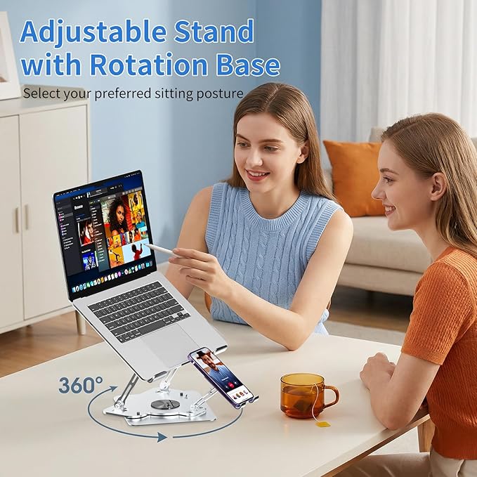 Laptop Cooling Pad with Detachable Fan & Cooler, 2-in-1 Laptop & Phone Stand, Adjustable Angle, 360° Rotatable Base, Carbon Steel, Ultra-Quiet & Super Sturdy for Laptop (Silver Gray)
