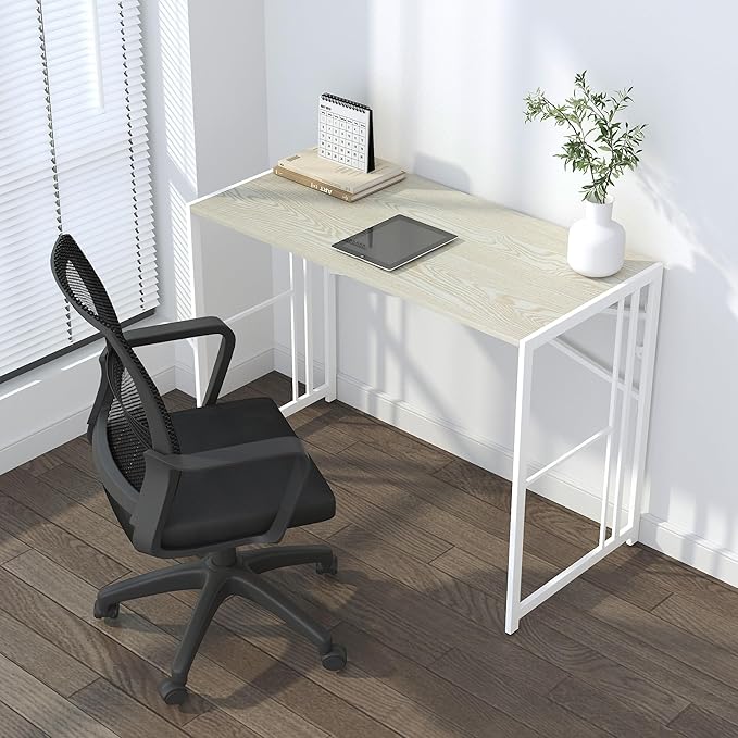 Lutown-Teen 40 inch Folding Desk, Writing Gaming Computer Camping Desk, No Assembly Required Home Office Table, Natural and White