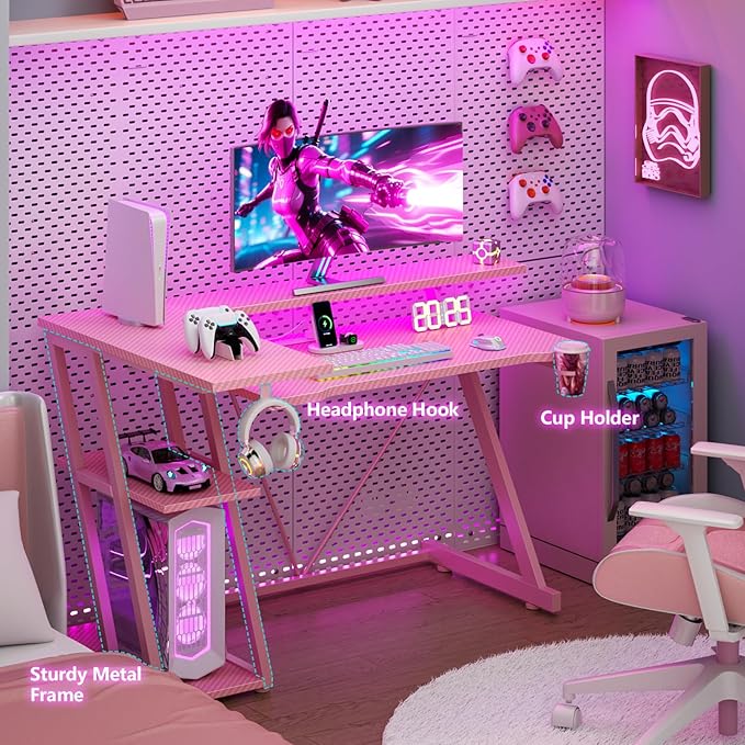 Korfile 40 Inch Pink Gaming Desk with Power Outlet & LED Lights, Corner Computer Desk with 3 Tiers Storage Shelves, L Shaped Gaming Desk with Monitor Stand for Bedroom