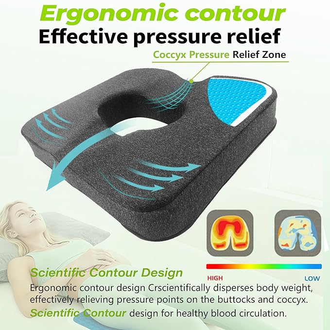 Gel & Memory Foam Wheelchair Seat Cushion,Donut Pillow for tailbone pain relief,Bed Sore Cushions for Butt,Pressure Relief,Sciatica,Coccyx,hemorrhoid Pillow,Cushion for Office Chair & Desk（GRAY）