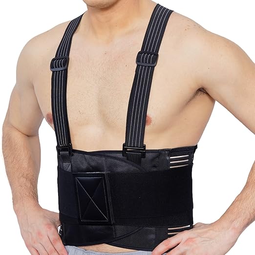 NeoTech Care Back Brace with Suspenders for Work - Industrial Lifting Safety, Elastic Compression, Hook & Loop Closure (Charcoal, Size S)