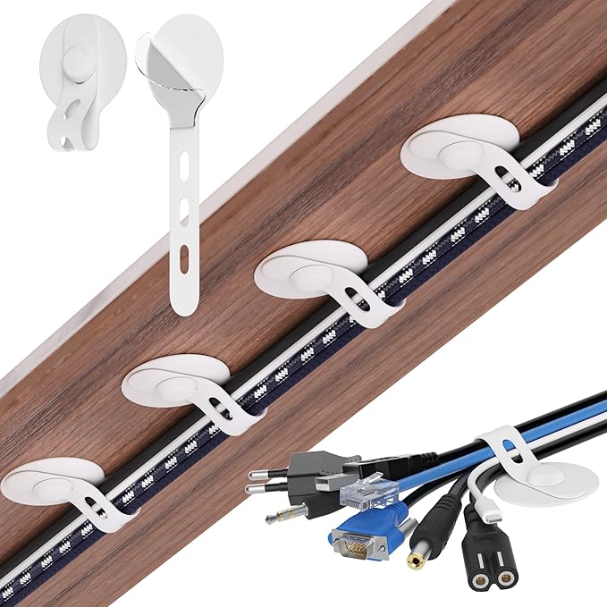 Cable Management Under Desk, Adjustable Self-Adhesive Silicone Cable Ties Cord Organizer, Reusable Heavy-Duty Cord Holder Under Table for Office, Home, School (20Pcs-White)