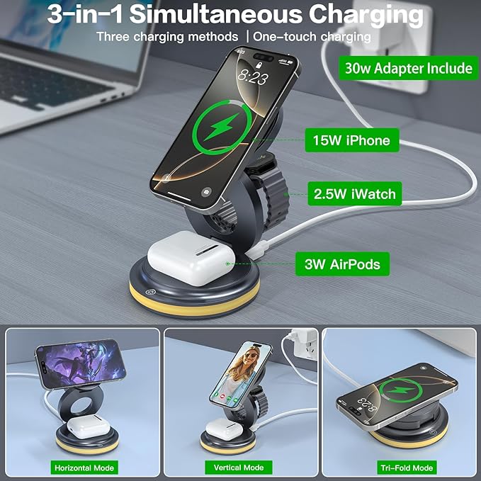 ZealSound 3-in-1 Foldable Magnetic Wireless Charger Stand, 15W Fast Charging Station with 30W Adapter and Warm Night Light for iPhone 17/16/15/14/13/12, Apple Watch & AirPods, for Home Office & Travel