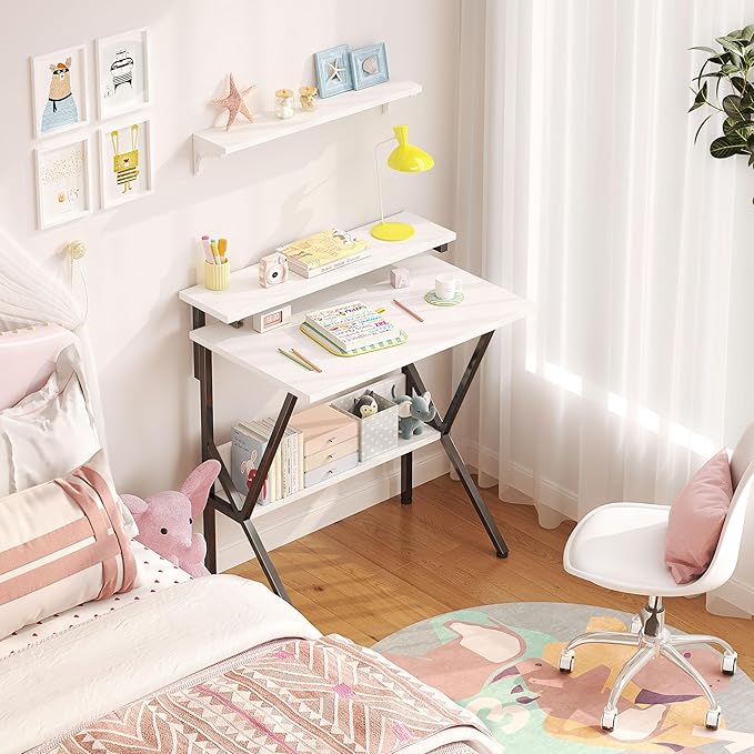COTUBLR Small Desk, Small Computer Desk for Spaces, 27.5 Inch Computer Desk with Adjustable Monitor Stand, Compact Desk with Storage for Bedroom Home Office, White Tabletop+Black Frame