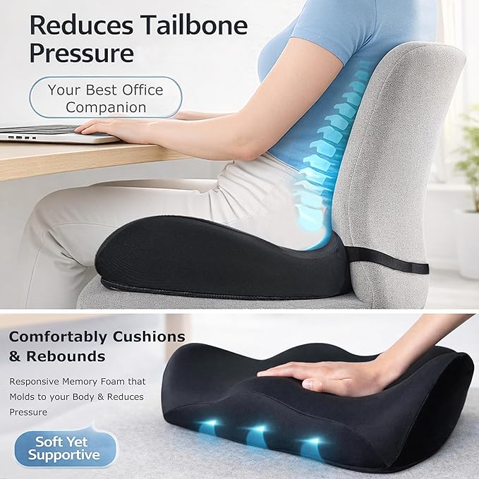 X Large Memory Foam Seat Cushion for Office Chair, High-Density Pad with Non-Slip Bottom and Adjustable Strap, Tailbone Pressure Relief for Long Sitting, Desk Work, Car, Wheelchair, Black