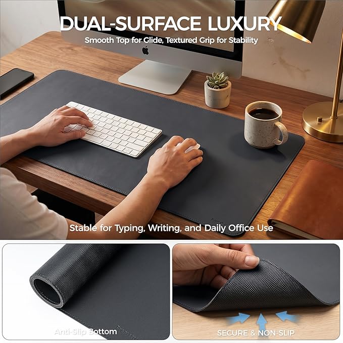 Large Desk Pad Non-Slip Desk Mat Protector for Keyboard Mouse Waterproof Vegan Leather Surface Faux Leather Laptop Mat Smooth Mouse Pad Premium Gift Tube Obsidian Black 31.5" x 15.7"