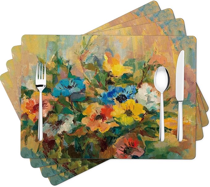 Painting Placemats Set of 6, Floral Faux Leather Place Mats for Holiday Banquet Kitchen Dining Table Decor, Heat Resistant Washable Non-Slip Waterproof Table Mats Set, 17" x 12"