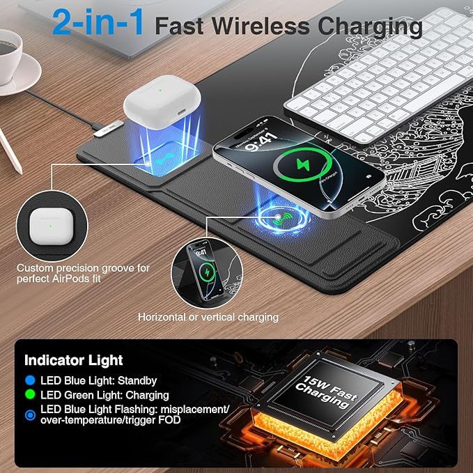 Wireless Charging Mouse Pad with Foldable Phone Holder, 31.5"x15.8" Large Desk Mat for Laptop/Keyboard, Waterproof Ultra-Smooth Surface, Non-Slip Base, Black Wave