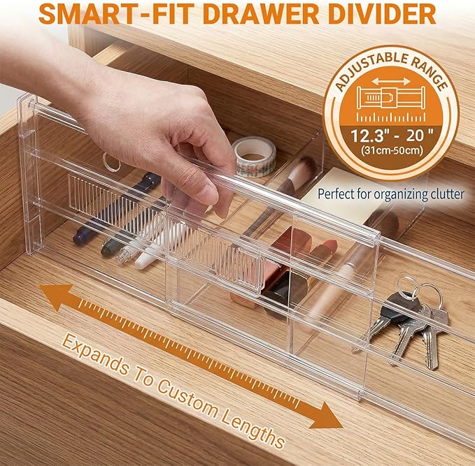 8 Pack 5.9'' Tall Upgrade Drawer Dividers for Clothes, 12.2"–20" Adjustable Expandable Clear Drawer Dividers,Plastic Drawer Organizer Dividers for Closet Kitchen Bathroom