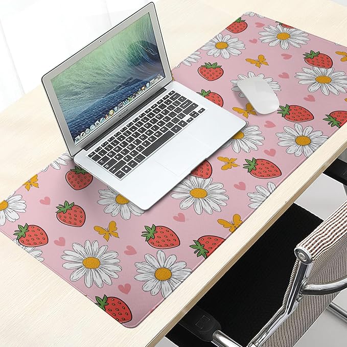 Cute Strawberry Extended Gaming Mouse Pad XXL Pink Cute Desk Mat Kawaii Pink Large Mouse Pad 35.4"X15.7" Waterproof Desk Mat with Stitched Edge Non-Slip Laptop Computer Keyboard Pad for Home & Office