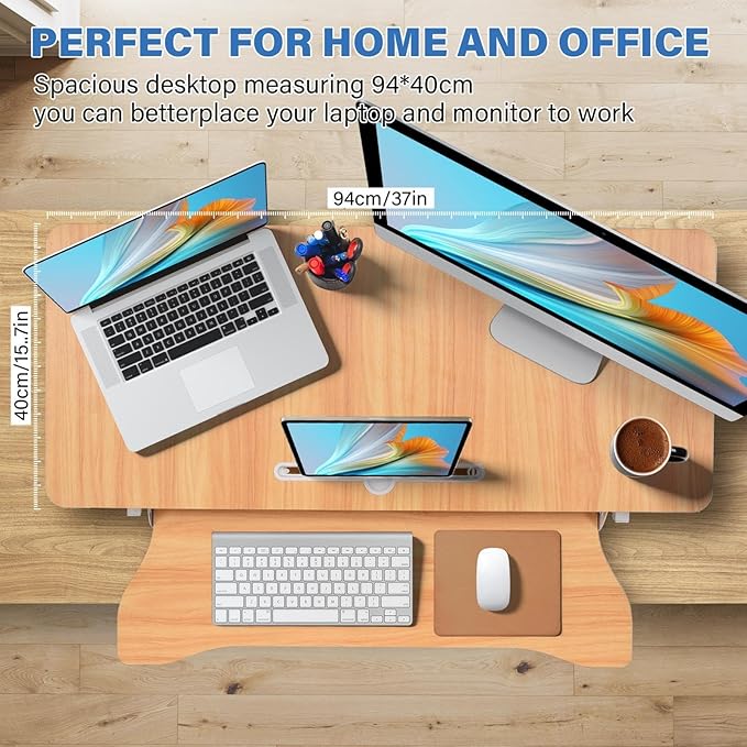 37" Height Adjustable Standing Desk Converter, Two Monitor Stable Stand up Desk Converter, 5.9"-18.8" Height Adjustable Laptop Workstation with Keyboard Tray, Desktop Riser for Home and Company