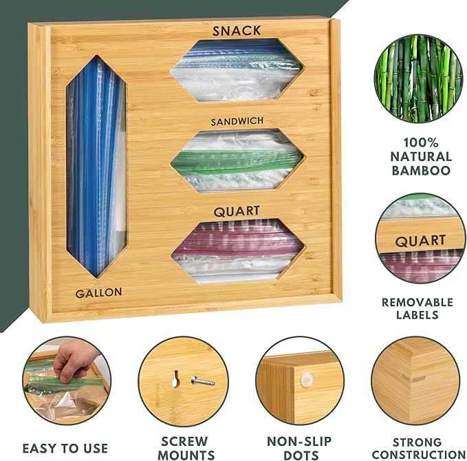 Bamboo Ziplock Bag Organizer for Kitchen Drawer – 4 Compartments for Gallon, Quart, Sandwich & Snack Bags – Includes Label Stickers