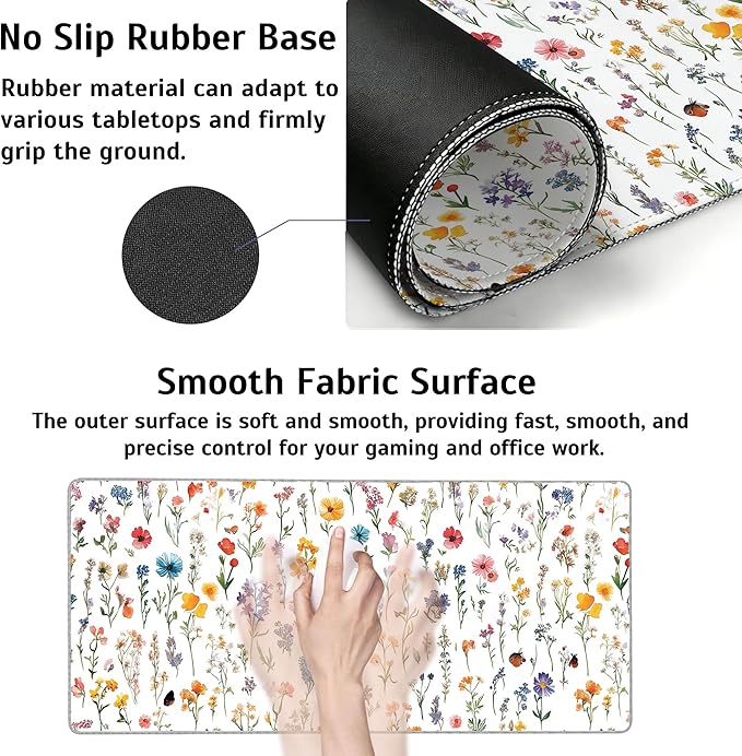 Wild Flower Mouse Pad,35.4 x 15.7 Inch Large Mouse Mat Non-Slip Rubber Stitched Edges for Writing Desk,Office,Home,Laptop