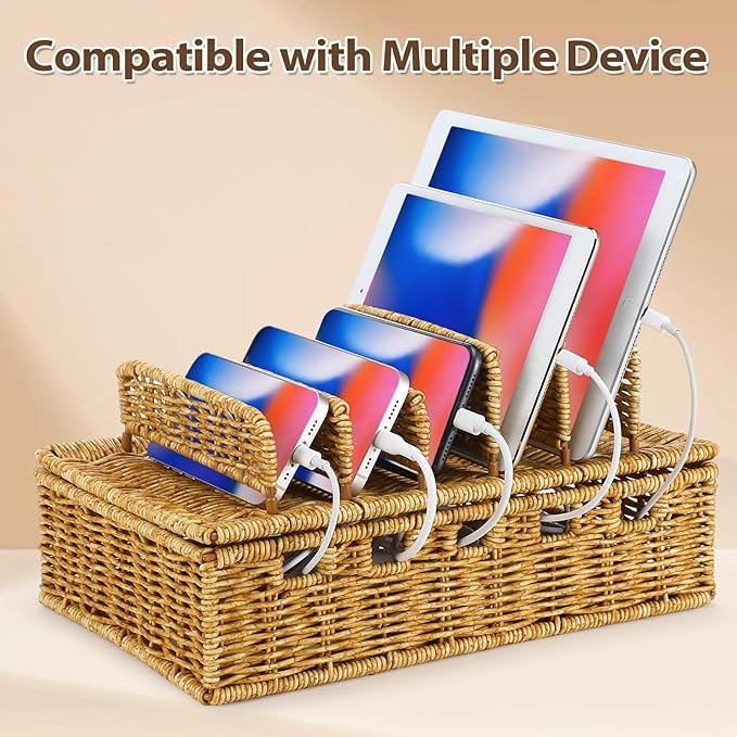 CroBlissful Cable Management Box Handwoven Imitation Rattan Cord Hider Box Charging Station Basket Desktop Cord Organizer with Removable Divider for Laptop Tablet 12.5lx5.9hx7.6w-inch(Rattan Color)
