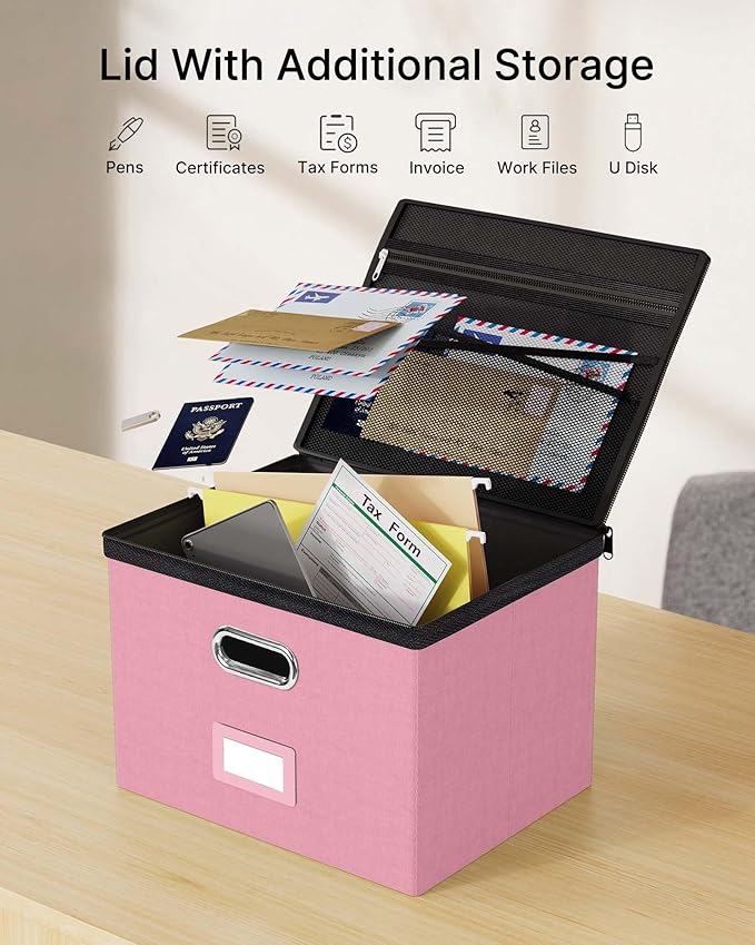 Oterri 1 Pack Large File Organizer Boxes with Lids, File Box with Mesh Pockets, Document Organizer Box for Legal/Letter Size Folders, Zippers Important Document Organizer (Pink, Without Folders)