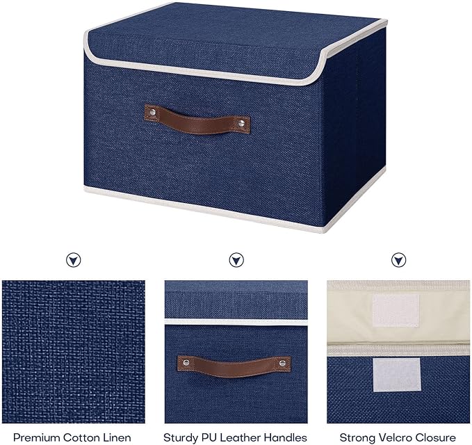 ANMINY 4PCS Storage Bin with Lid Storage Boxes with PU Leather Handles PP Plastic Board Decorative Foldable Lidded Cotton Linen Fabric Home Cubes Baskets Closet Organizer Container - Blue, Medium