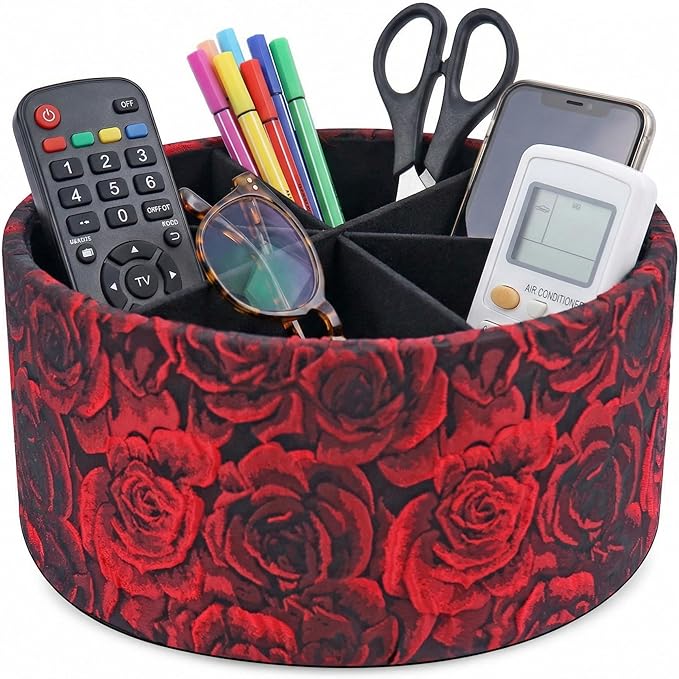 Remote Control Holder, 360°Spinning PU Leather Desk TV Remote Caddy,Desk Storage Box Room Accessories for Controller, Media,Mail,Calculator, Mobile Phone,Pencil(1-B3D Red)