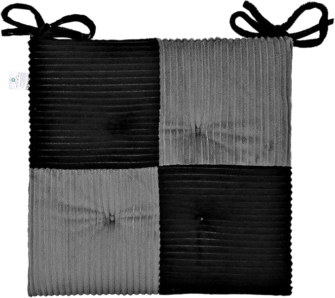 Office Stacking Chair Cushion with Ties, Corduroy High Density Foam Non-Slip Kitchen Seat Cushion, Square 17" x 17" Indoor Dining Chair Pads, Black+ Grey, 1 PCS