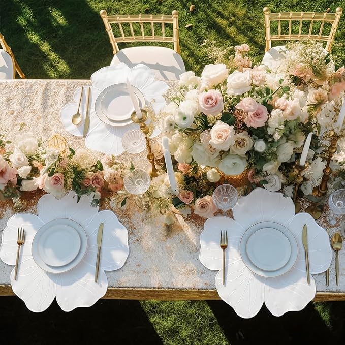 Moukeren Set of 6 Elegant Floral Placemat 16'' Flower Shaped Place Mat Flower Embroidery Table Mat for Wedding Bridal Shower Baby Shower Tea Party Kitchen Dining Table Decor(White)