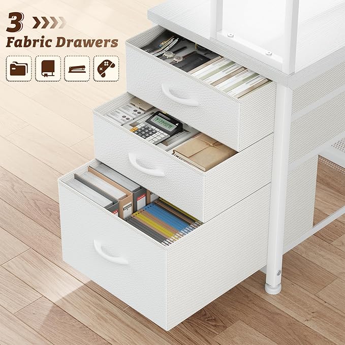 DurayLoly L Shaped Desk Gaming Desk with 3 Silent Fabric Drawers & Shelf, Reversible Corner Desk with Remote LED Lights, Power Charging Station of Home Office Desk,Vanity Desk for Bedroom,White