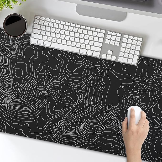 Topographic Contour Large Gaming Mouse Pad 35.4 x 15.7 Inch, Extended Mouse Pad with Non-Slip Rubber Base Geographic Mouse Mat for Computer Keyboard Pad Desk Pad Black for Home Office Gaming