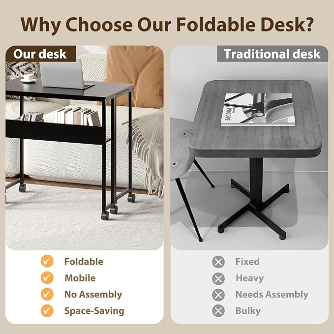 Folding Desk Small Rolling Desk with Storage Shelf,31.5 Inch Foldable Computer Table with Wheels,Portable Office Desk for Small Space Sofa Table,Easy to Fold,Writing Work Office Computer Desk,Black