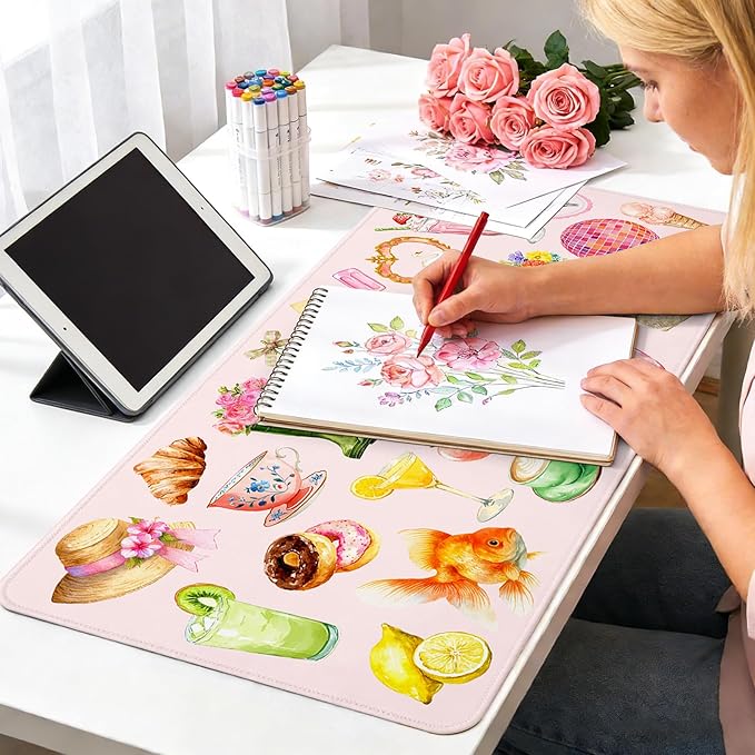 Pink Floral Mouse Pad Large 35.4×15.7 Aesthetic Cute Desk Mat for Women Girls, Non-Slip Water-Resistant Keyboard Pad for Home Office Gaming