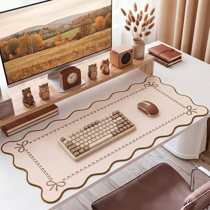Scalloped Bow Desk Mat Cute Coquette Large Mouse Pad Kawaii Cottagecore ‌Vintage‌ Rustic Keyboard Pad Nonslip 2026 Graduation Gift with Stitching Waterproof Gaming(Light Khaki)