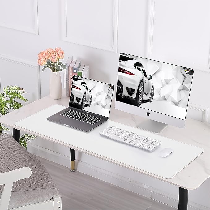 AFIING Cork Desk Mat 47" x 17", Dual-Sided Natural Cork & PU Leather Desk Pad, Non-Slip Waterproof Large Mouse Pad for Office, Home & Gaming (White)