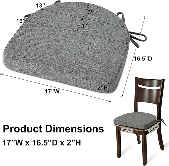 Shinnwa Dining Chair Cushions Set of 6, Non-Slip Kitchen Chair Cushions with Ties and Machine Washable Cover, 6 Pack, 17 x 16.5 x 2in, Dark Grey