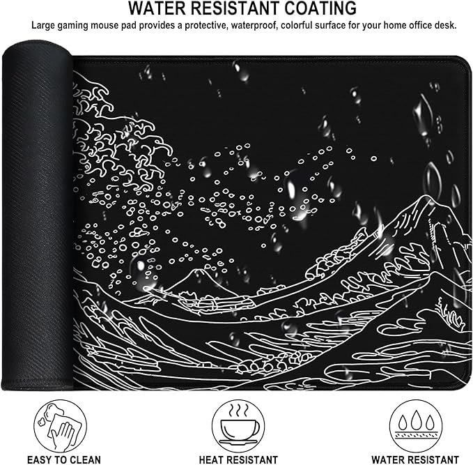Large Mouse Pad Gaming, 31.5" x 15.7" Extended Computer Keyboard Mousepad with Non-Slip Rubber Base, Stitched Edge, Waterproof Fabric XXL Big Long Laptop Pad for Gamer, Office, Home, Waves ﻿