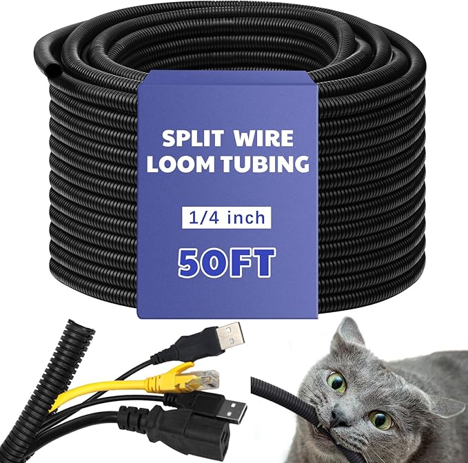 Kanayu Split Wire Loom Tubing Flame Retardant Wire Covering High Temperature Cable Sleeves Split Protector Cable Conduit for Industrial Electrical Automotive Marine(1/4''-50 ft,Black)