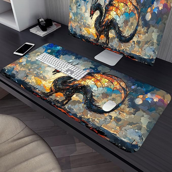 Black Dragon Desk Pad Mouse Pad Stained Glass Fantasy Painting Epic Large Gaming Mouse Mat with Stitched Edges,Non-Slip Waterproof Rubber Base Mous Mat Office Computer Keyboard Laptop Home