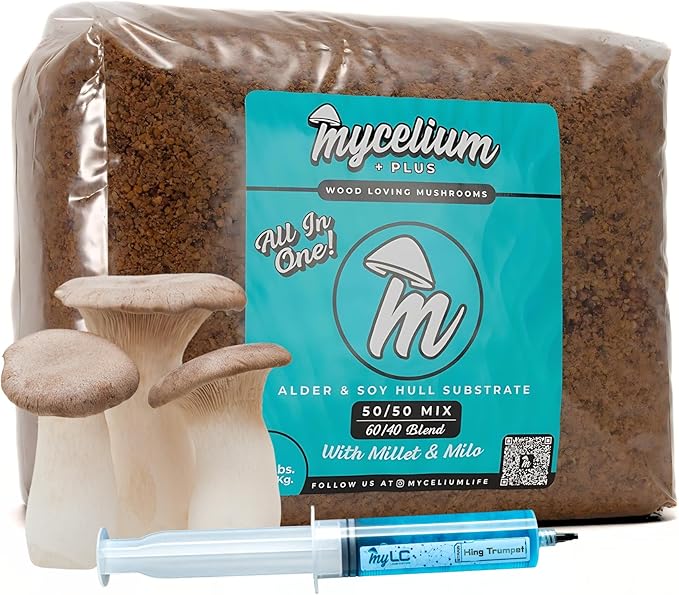 Mycelium Mushroom Growing Kit, King Trumpet Gourmet I Alder & Soy Hull Substrate I High Yield Proprietary Mix I Sterile Grow Bag with 20ml Liquid Culture Syringe for Starter & Pro Home Growers, 8lbs