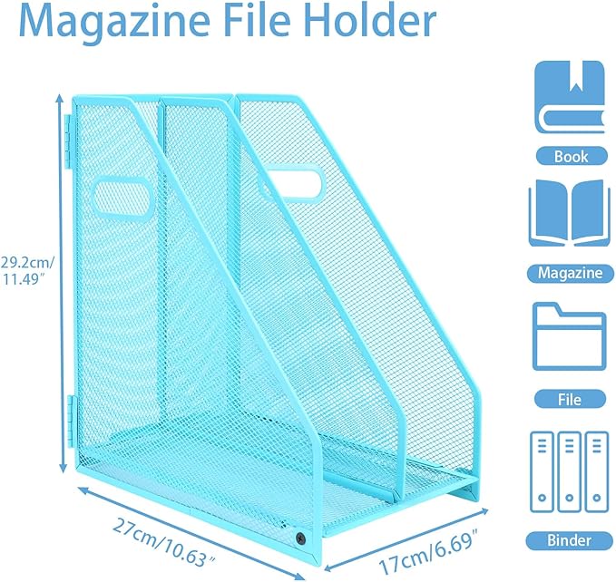 Desk Organizers Metal Magazine File Holder Racks Desktop Folder Storage Binder Organiser Document Organization for Home Office & Classroom,2 Vertical Compartments-Blue