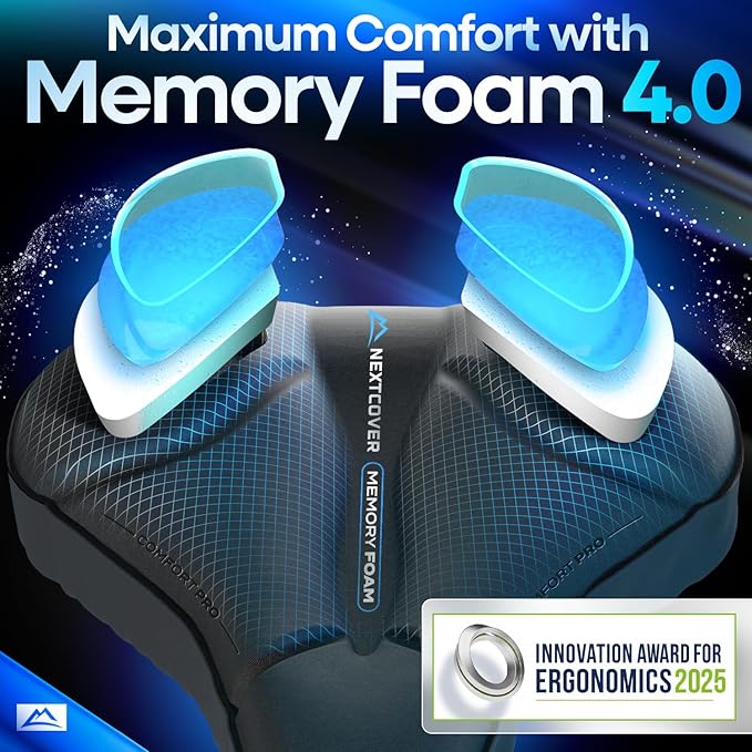 Nextcover® Bike Seat Cushion CoverPro with Memory Foam 4.0 I Ergonomic Bike Seat Cover - Ideal for Stationary, Mountain, Spin or Outdoor Bike I Comfortable Gel Padded Bicycle Seat Cushion