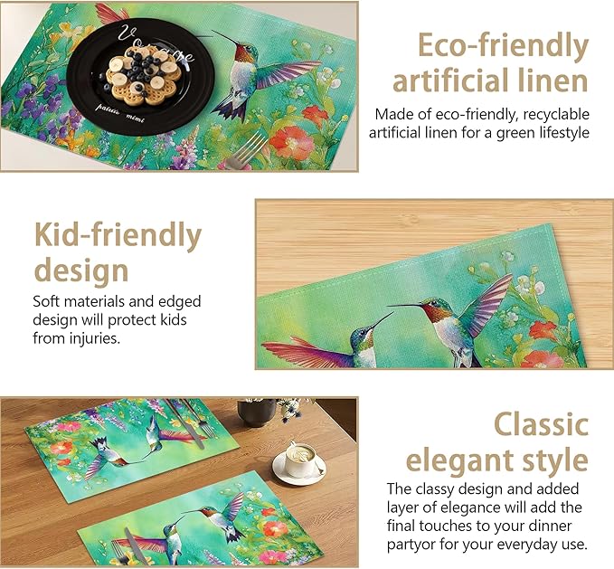 Colorful Hummingbird Flowers Table Placemats Set of 6, Linen Placemats 12x18 Inch, Washable Non Slip Heat Resistant Mats for Dining Table Kitchen Indoor Use