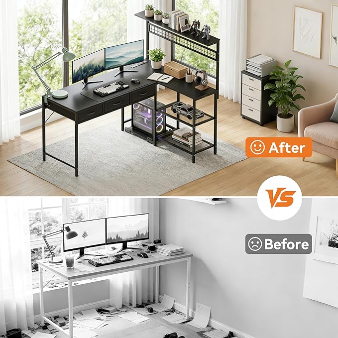 Garvee Computer Desk with 3 Fabric Drawers, 50.4 in l-Desk Display Shelves with Led Light & Power Outlet, PC Table Workstation for Home Office, Gaming Desk for Small Spaces, Black