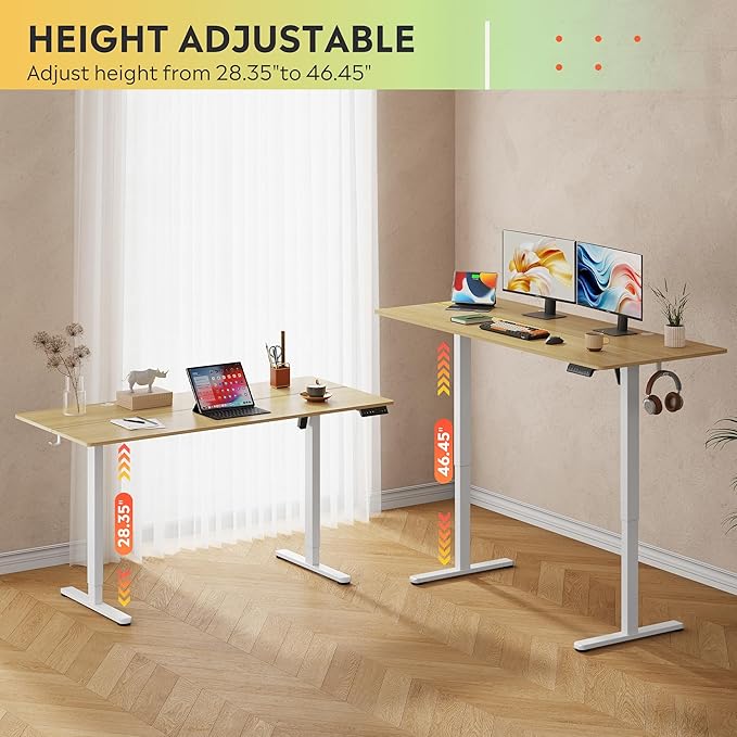DEVAISE 63 Inch Electric Standing Desk, 3 Adjustable Computer Desk for Home Office, Ergonomic Sit to Stand Desk with LED Touchscreen，Headphone Hook, 3 Memory Preset, with Split Top, Maple