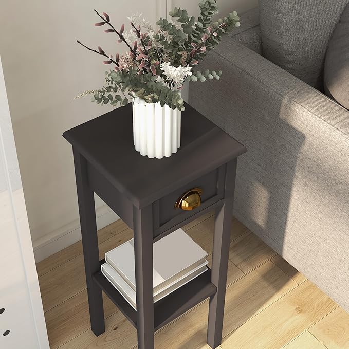 HOMCOM Narrow End Table with Drawer and Bottom Shelf, Slim Side Table for Small Spaces, Skinny Modern Accent Desk for Living Room, Set of 1, Coffee