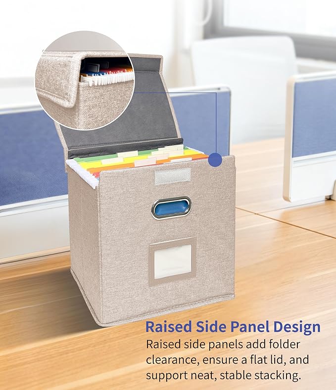 6 Pack Hanging File Folder Box with Lid, Durable Letter Size Filing Storage Box, Sturdy File Holder with Cardboard Support PVC Rails for Office Home Organizer, Beige