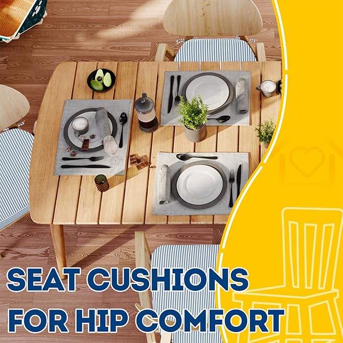 AAAAAcessories D-Shaped Chair Cushions, 2" Thick Dining Chair Pads with Ties and Removable, Machine-Washable Cover, 17" x 16", Set of 2, Pinstripe Blue