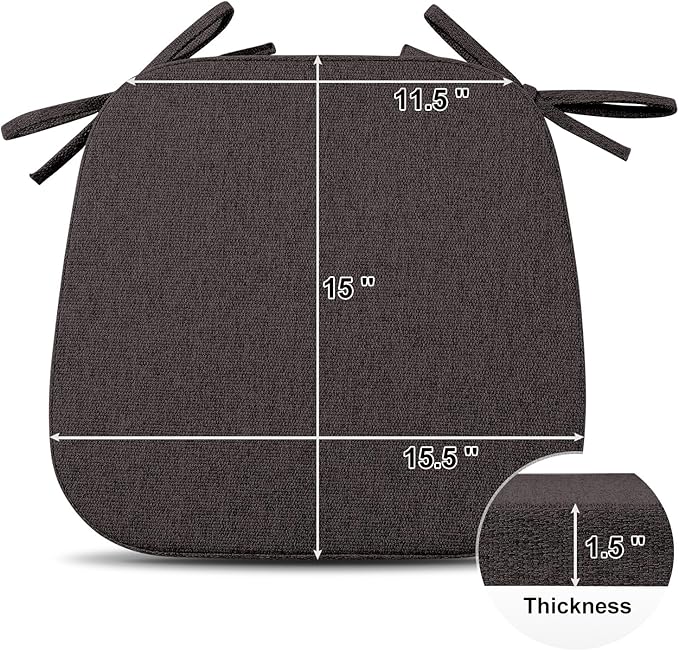 Shinnwa Dining Chair Cushions, Non Slip Kitchen Chair Pads with Ties, Indoor Seat Cushions, 15 x 15.5 inches, Dark Brown