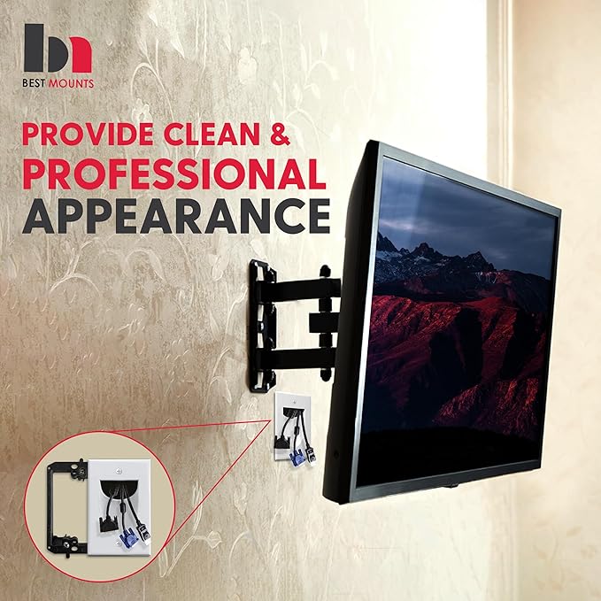 1 Pack Wall Plate Cable Pass Through with Bracket - In Wall Cable Management Kit - Recessed Cable Wall Plate Pair with Single Gang Low Voltage Mounting Bracket - Decorator Cover for Low Voltage Cables