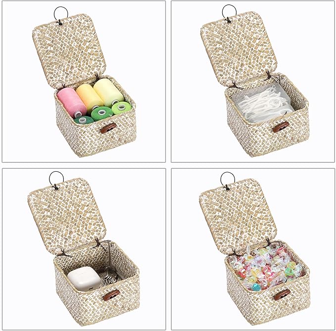 Hipiwe Small Seagrass Basket with Lid Handwoven Decorative Shelf Basket Mini Wicker Storage Box Multipurpose Desktop Organizer for Key Hair Ties, Whitewash 4.7" x 4.7" x 3"